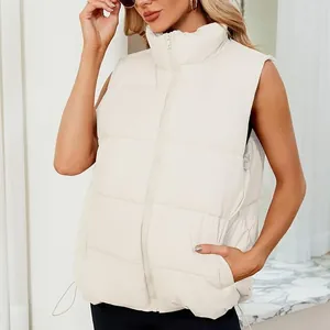 Sleeveless quilted puffer vest with a stand collar and zip-up front for winter warmth.