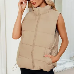 Khaki women's stand-up collar puffer vest sleeveless quilted jacket with zipper