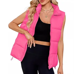 Bright pink women's sleeveless puffer gilet with stand collar and front zipper closure