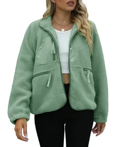 Cozy mint green fleece jacket for women with contrast zipper pockets and snap collar