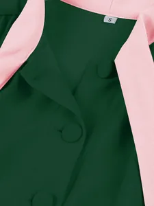 Close-up of the elegant pink collar and green fabric on an A-line dress