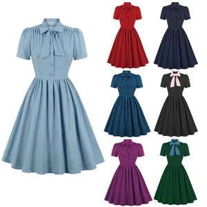 Women Vintage Bow Tie Neck Midi Dress Elegant Retro Short Sleeve Solid Color Patchwork Swing Party Dress