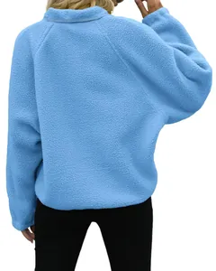 Close-up back view of a light blue women's polar fleece jacket with raglan sleeves detail