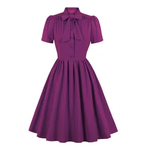 Elegant vintage plum purple tie-neck short sleeve A-line pleated swing dress for women