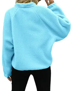 Back view of a cozy light blue polar fleece sweatshirt jacket for women with long sleeves