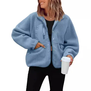 Women's cozy light blue sherpa fleece jacket for casual autumn and winter outdoor wear