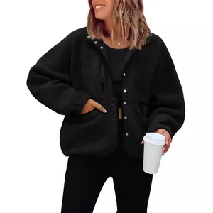 Casual black sherpa fleece jacket for women with button-front and chest pocket