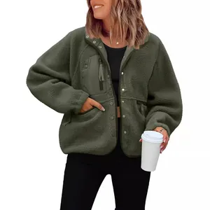 Casual olive green women's sherpa fleece jacket featuring buttoned collar and zip pockets