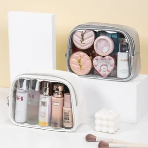 Large capacity white and silver PU cosmetic bags with clear windows for easy travel organizing