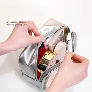 Large capacity silver PU makeup bag with visible window and waterproof storage