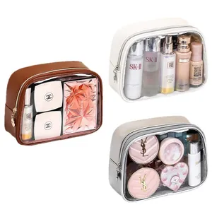 Luxury PU leather transparent cosmetic bags for travel skincare and makeup storage
