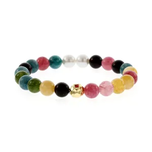 Macro view of multi-color tourmaline semi-precious stone handmade beaded bracelet