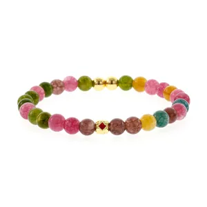 Detailed macro view of a multicolored tourmaline gemstone beaded elastic bracelet