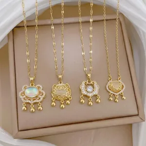 Vintage Chinese Style Longevity Lock Pendant Necklace Titanium Steel Gold Silver Plated Zirconia Jewelry For Women