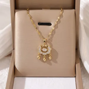 Gold plated titanium steel ruyi longevity lock necklace with crystal bells for women