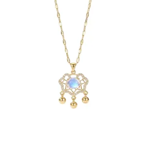 Elegant gold titanium steel Ruyi peace lock necklace with blue moonstone and bells