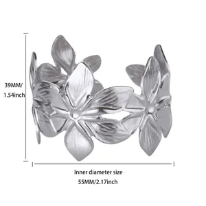 Detailed technical measurements of silver floral open cuff bangle with size dimensions