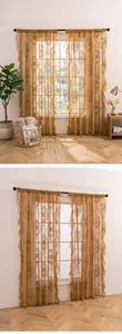 Macro view of French pastoral lace sheer curtains with circular floral embroidery.