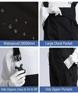 Detailed view of waterproof ski bib pants featuring large pockets and durable side zippers