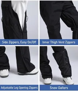 Detail view of functional zippers and snow skirts on black waterproof ski bib pants.