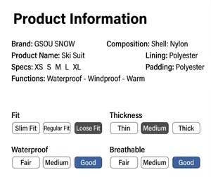 Detailed product information and material specifications for GSOU SNOW professional ski suit
