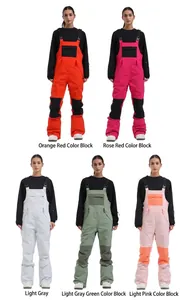 Five colors of women's professional waterproof ski bib overalls for winter sports.