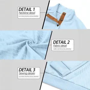 Close-up of neckline, fabric texture, and sewing details on men's blue sweatshirt