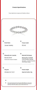 Especificaciones detalladas de un anillo de eternidad de plata con moissanitas redondas
