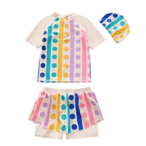 Colorful polka dot and striped girls three-piece sun protection swimsuit set with swim cap