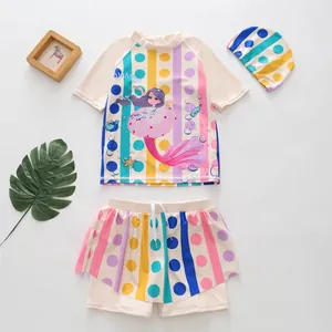 Girls' 3-piece split swimsuit set with mermaid cartoon print and colorful polka dot stripes