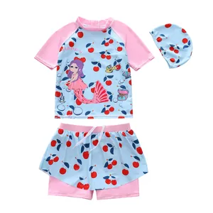 Girls' three-piece mermaid and cherry print swimsuit set with pink sleeves