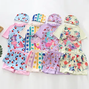 Girls Mermaid Princess Swimwear 3-Piece Split Set Long Sleeve Sun Protection Cartoon Printed Bathing Suit For Kids Toddler Beachwear