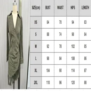 Size guide for western style suede fringe bodycon long sleeve dress