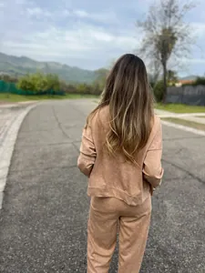 Back view of a stylish dusty rose acid wash two-piece loungewear set for casual wear