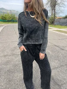 Detailed view of the vintage acid wash texture on this cozy women's sweatshirt set