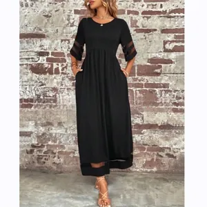 Women Plus Size Maxi Dress Mesh Patchwork Five-Quarter Sleeve Crew Neck Loose Casual Dress With Pockets Polyester Summer Elegant Gown
