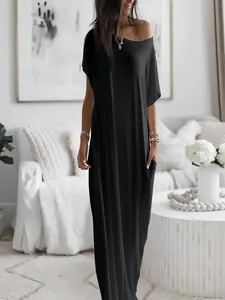 Elegant solid black short sleeve maxi dress for women, casual summer style, loose fit.
