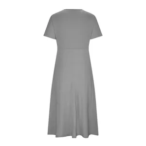 Detailed back view of a minimalist grey short-sleeved midi dress for women's summer fashion