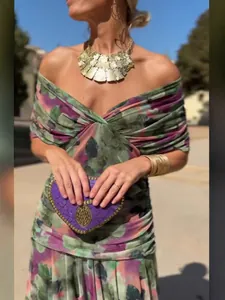 Elegante Dames Maxi Jurk Met Voering Off-Shoulder Geplooid Effen Kleur Polyester Vakantie Feest Vloeiende Jurk Feestkleding
