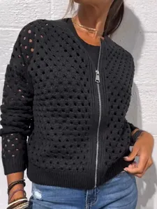 Dames Mode Opengewerkt Gebreid Vest Casual Katoen Polyester Lange Mouwen Rits Geribbelde Gebreide Trui Jas Voor Vrouwen
