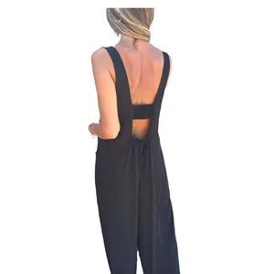 Back view of a minimalist black backless wide-leg jumpsuit for summer casual wear