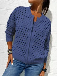 Casual blauw damesvest met ritssluiting en opengewerkt haakwerk voor de herfst