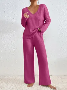 Ensemble de détente magenta pour femme, col en V, manches longues, maille côtelée