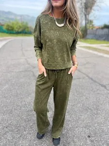 Casual olive green tie-dye tracksuit for women featuring sweatshirt and drawstring pants