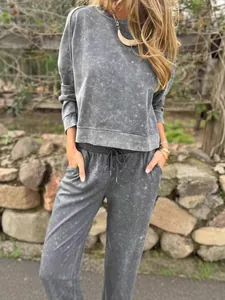 Women Vintage Acid Wash Top And Bottom Set Long Sleeve Round Neck Sweatshirt With Drawstring Jogger Pants Casual Lounge Suit