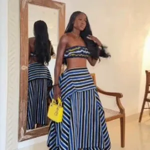 Conjunto elegante estilo francés para mujer: top de tubo a rayas azules y falda larga a capas