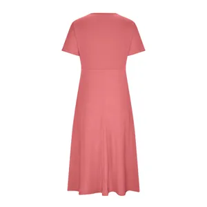 Back view of a comfortable pink short-sleeved A-line midi dress for casual summer wear.