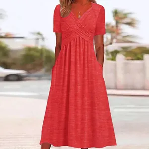 Red short-sleeve V-neck midi dress with cross-front detail and side pockets
