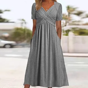 Elegant grey short sleeve V-neck midi dress with twisted bodice and pockets for women