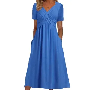 Elegant blue short sleeve V-neck summer maxi dress for women featuring side pockets